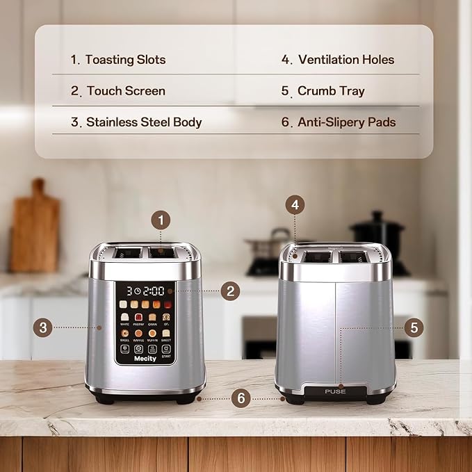 Mecity Motorized Toaster 2 Slice with Touch Screen, Stainless Steel Smart Toaster, 8 Bread Types, 5 Shade Levels, 1200W High Power, Keep Warm Mode, Reheat Defrost Functions, 120V