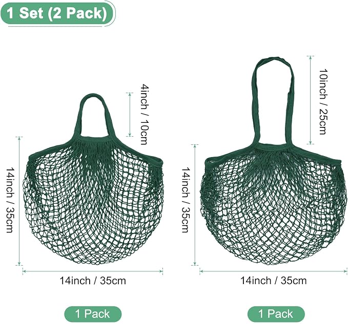 M METERXITY 2-Pack Cotton Mesh Bag, Reusable Washable Mesh Net String Grocery Bags, Reusable Produce Bags with Handle, Net Tote Bag for Fruits Shopping [Dark Green, Long&Short Handle]