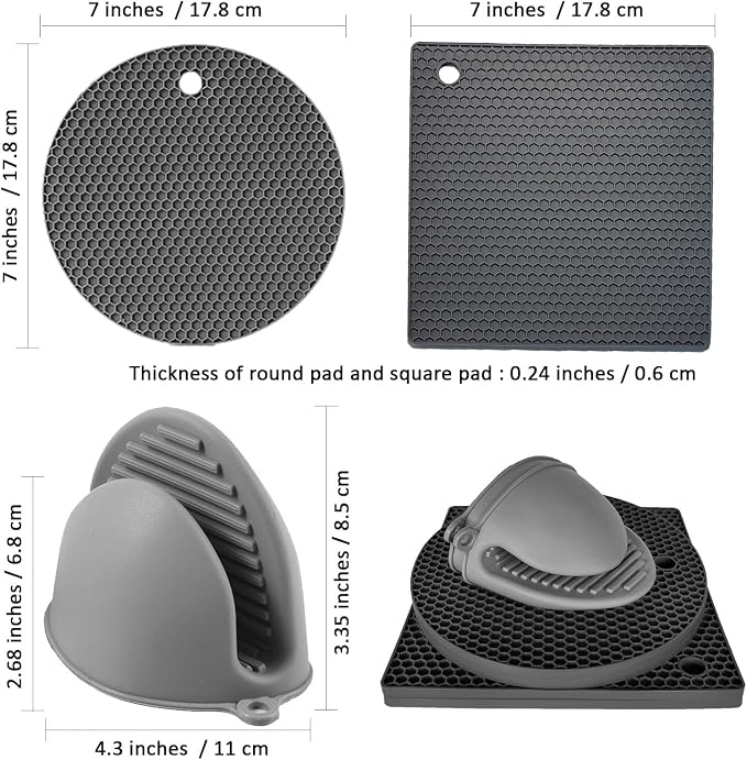 4 Pcs Silicone Trivet Mats for Kitchen Counter, Silicone Oven Mitts and Pot Holders Set for Hot Pan and Pot Pads, Heat Resistant Multipurpose Potholders, Grey & Navy Blue