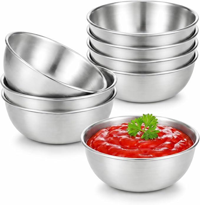 tifanso 8PCS Small Stainless Steel Dipping Bowls for Sauce & Condiments | 3.5oz, For Soy Sauce Ketchup Seasoning & Appetizers, Perfect for BBQ Party Camping & Charcuterie, Easy to Clean, Silver