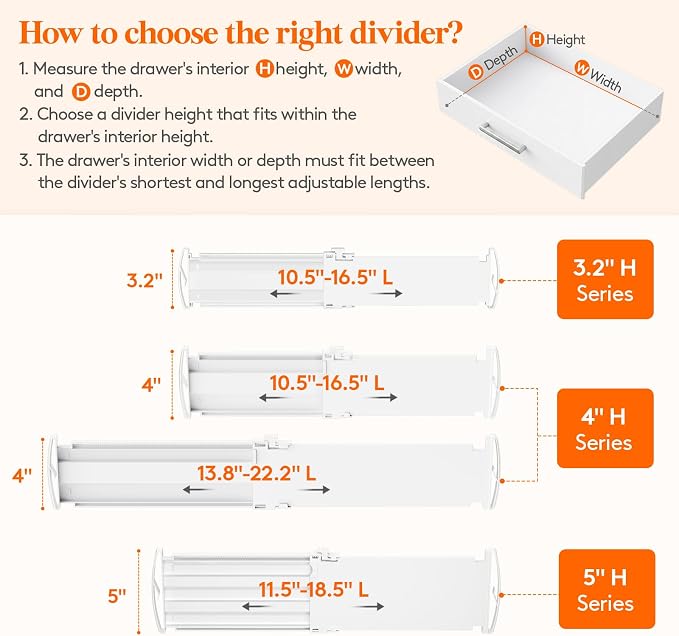 Lifewit 5 Pack 4" High Drawer Dividers, Adjustable Drawer Organizer Clothes | 10.5"-16.5" Expandable White Plastic Separators for Dresser, Kitchen, Cabinet, Nursery, Office, Socks & Underwear Storage
