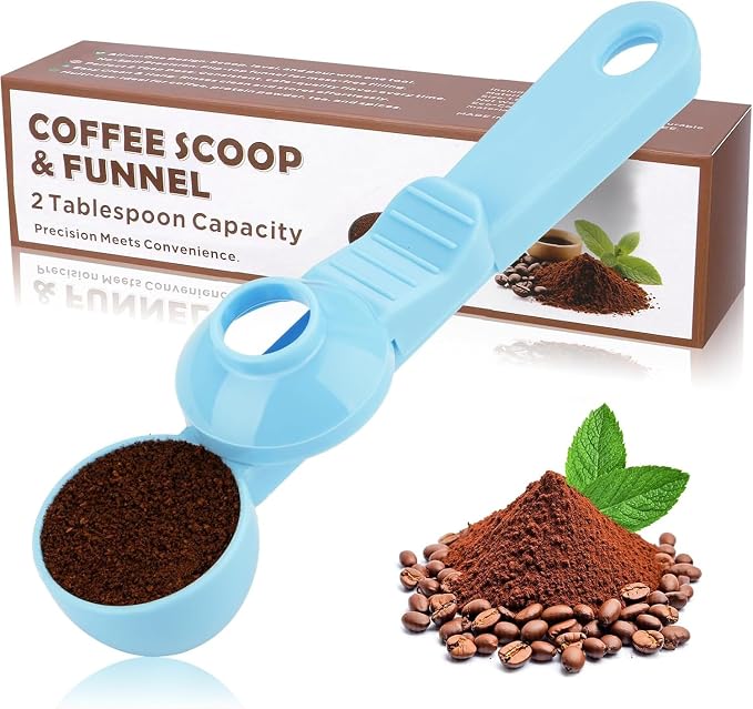 2-in-1 Coffee Scoop with Funnel, 2 Tbsp Measuring Spoon for Reusable K Cups, Ground Coffee, Protein Powder & Tea, Mess-Free Plastic Design（Light Biue-1pack）