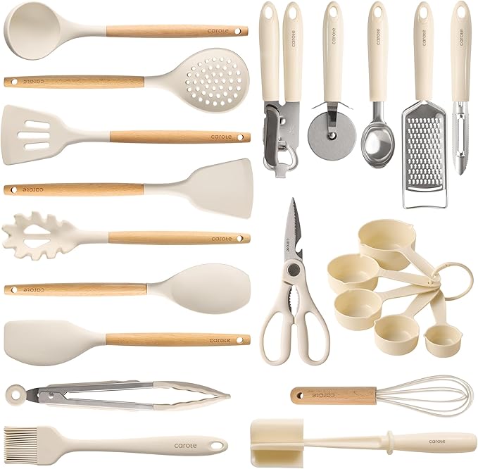 CAROTE 22-Piece Cooking Utensils Set with Wood Cool-Touch Handles, Cream | Silicone Kitchen Utensil, Food Grade, Nonstick Cookware Friendly, BPA-Free, Heat-Resistant, Everyday Home Essentials, Gifts
