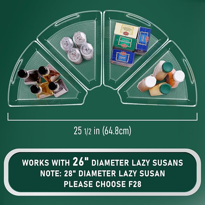 Lazy Susan Cabinet Organizer Bins for 26"/ 28"/ 32" Diameter | Corner Organizer, Plastic Cabinet Storage Bin, 1/8 Wedge - Food Safe, BPA Free, with Non-Slip Pads (for 26" Diameter, 4 Pack)
