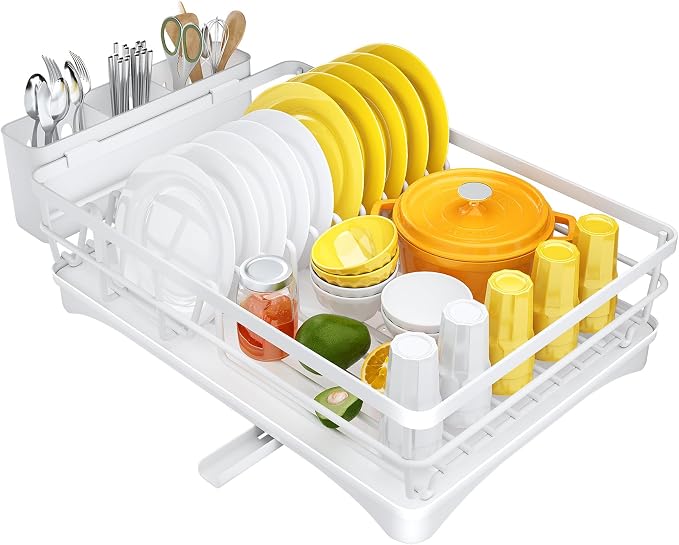 SNTD Dish Drying Rack for Kitchen Counter, 11.8" W x 16.7" L, White | Rustproof Stainless Steel, Large Capacity, Self-Draining Drainboard, Rotating Spout, Removable Utensil Holder