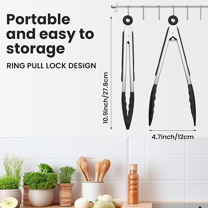 9-Inch Kitchen Tongs for Cooking with Silicone Tip,Black | 600℉ Heat-Resistant,Stainless Steel Locking Cooking Tongs Food Tongs for BBQ/Cooking/Salad/Serving Food,Heavy Duty,Non-Stick