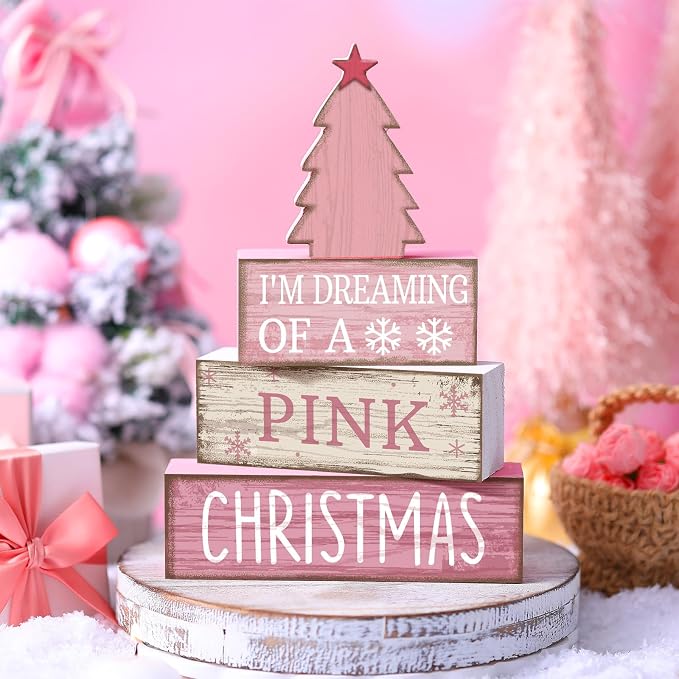 Lineshading 4 Pcs Wooden Christmas Decor Pink Tree Signs Tiered Tray | Indoor Farmhouse Tabletop Centerpiece, Pink Christmas Saying Blocks, Rustic Wood Signs for Shelves and Home