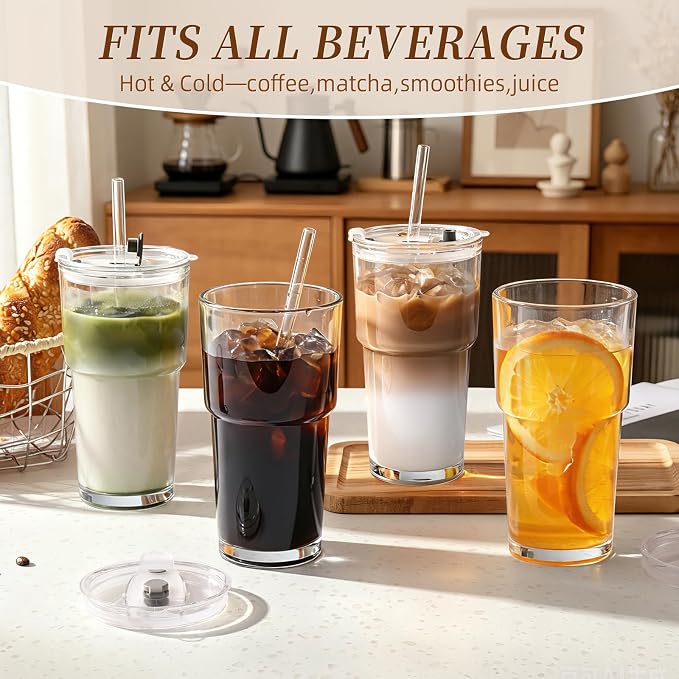 Iced Coffee Cups with Lids: Coffee Bar Accessories - Tumbler Leak Proof for To Go Iced Coffee Cup with Lid 4Pack - 20 oz Glass Cup with Lid and Straws - Thickened Glass Tumbler with Straw and Lid600ml