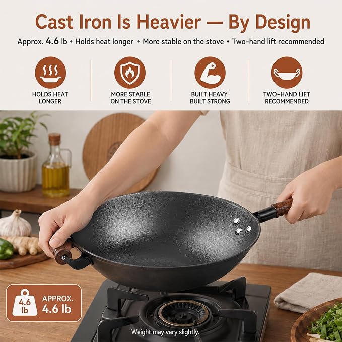 WANGYUANJI Cast Iron Wok Pan with Wooden Lid, 13.4 Inch Flat Bottom Chinese Stir Fry Wok, Textured Uncoated Large Wok for Induction, Gas, Electric & Ceramic Stoves, Seasoning Recommended | Uncoated cast iron wok with wood lid for induction, gas and ele...