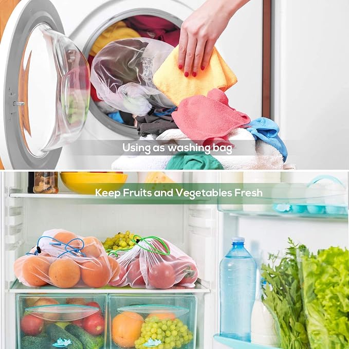SPLF 18 Pcs Heavy Duty Reusable Mesh Produce Bags | Barcode Scanable See Through Food Safe Mesh Bags with Drawstring for Fruits, Vegetable, Food, Toys, Grocery Storage