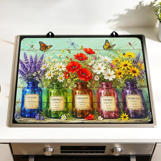 Vintage Wildflower Stove Top Cover for Electric Gas Glass Stove | Vintage French country wildflower kitchen decor; non-slip stovetop cover, glass cooktop noodle board, floral counter mat