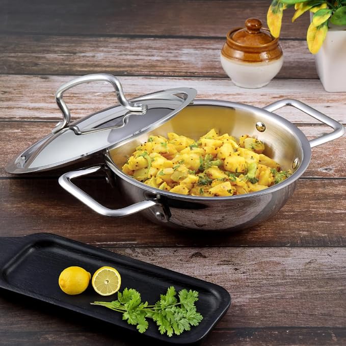 Vinod Platinum Triply Kadai, Extra Deep, 20cm, Induction, for Home Kitchen | Stainless Steel Wok For Sauces, Stews And Soups; Electric Stove Compatible, Durable Tri-Ply Base