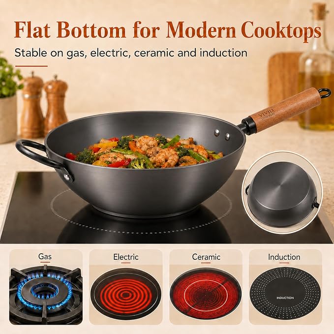 12.6 Inch Carbon Steel Wok with Lid, Flat Bottom Induction Wok Pan, Non-Coated Stir Fry Wok Skillet with Helper Handle, Gas Electric Ceramic Halogen Compatible, Includes Iron Wok Spatula