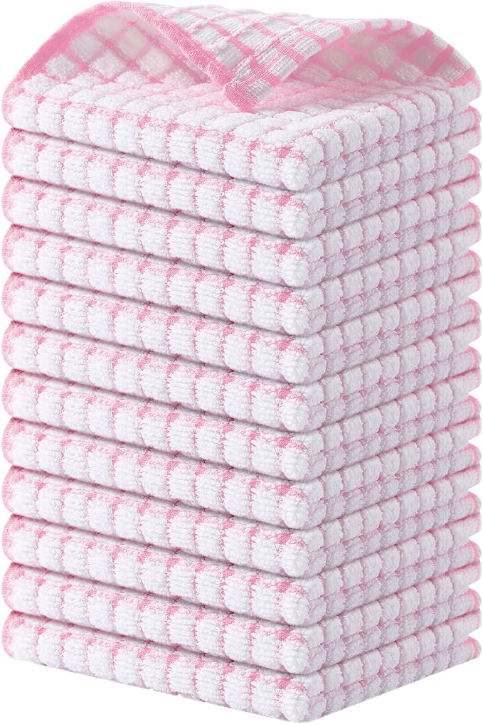 Kitinjoy Cotton 12 Pack Terry Kitchen Dish Cloths, Pink | 12 x 12 Inches Super Soft and Absorbent Dish Rags, Quick Drying Dish towels for Washing Dishes
