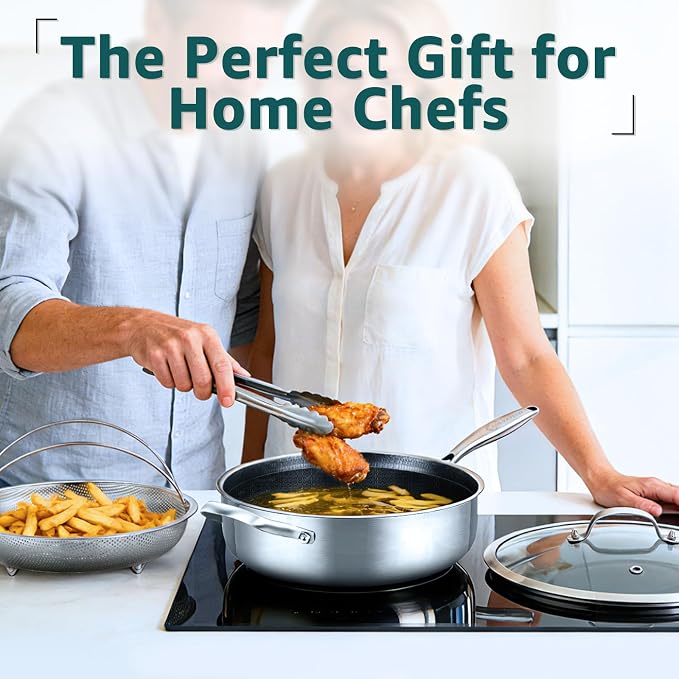 12 Inch Nonstick Deep Skillet with Lid, Fry Basket & Tongs | 5.5-Quart | Hybrid Sauté Pan with Lid | Tri-Ply Stainless Steel Large Frying Pan with Steam Insert, Works on All Cooktops