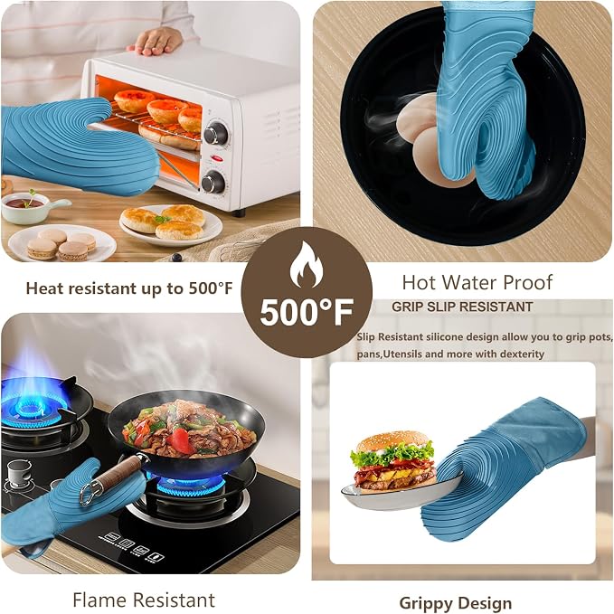 Silicone Oven Mitts-13.6 in Extended Oven Mitts Heat Resistant 500F, Oven Gloves with Soft Liner Good Grippy BPA-Free Easy to Clean Flexible-Oven Mits Set for Cooking Baking Grilling BBQ