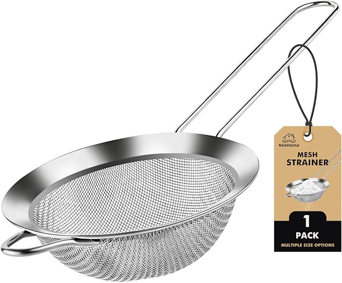 NileHome Mesh Strainer,7.8-Inch Diameter Stainless Steel Strainer for Sifting, Straining, Cooking Kitchen Strainers Fine Mesh for Flour, Pasta, Loose Tea, Fruit, and Rice, Silver