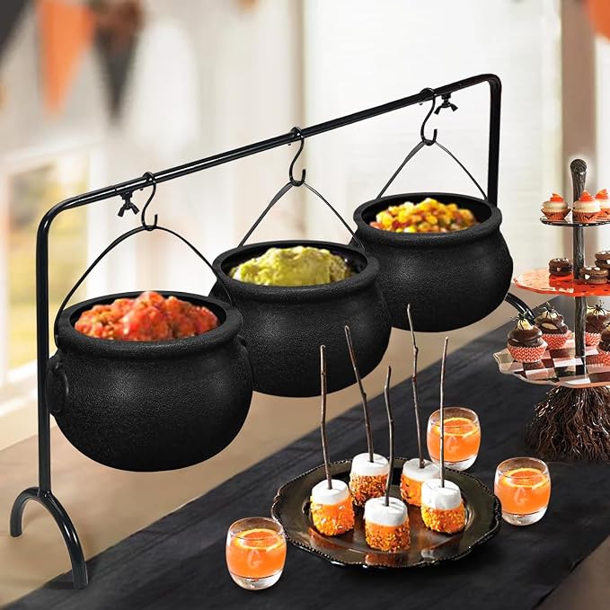 Halloween Decorations Indoor, 3 Pack Witches Cauldron Serving Bowls on Rack | Halloween Party Decorations Halloween Candy Bowl Black Plastic Cauldron for Home Kitchen Decor