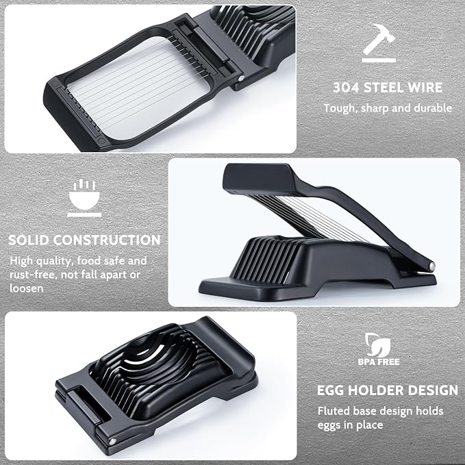 Egg Slicer for Hard Boiled Eggs & Strawberry Soft Foods, Heavy Duty, Black | Stainless Steel Wires, Not Bend & Rust, All Metal, Fast & Uniform Slice, Multipurpose, Time-Saving for Cooking, Meal Prep