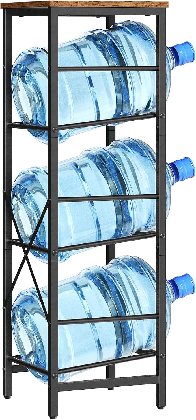 HOOBRO Water Jug Rack, Water Bottle Holder, 5 Gallon Water Jug Rack, 3-Tier Water Cooler Storage Rack, Water Dispenser Stand, for Kitchen, Living Room, Office, Rustic Brown and Black BF01ST01
