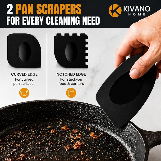 Cast Iron Scrubber with 2 Pan Scrapers – 316L Stainless Steel Chainmail Cleaner for Cast Iron Skillets, Woks, Dutch Ovens & Carbon Steel Pans