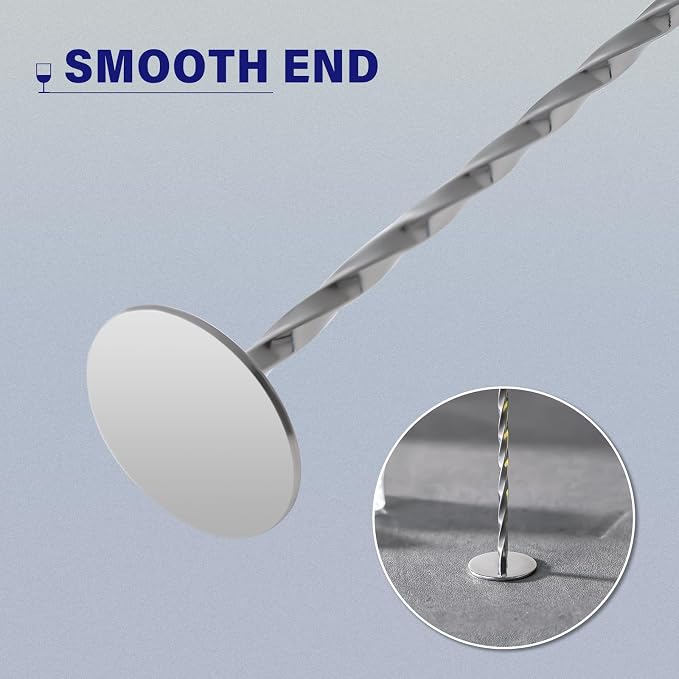 Bar Spoon Cocktail Mixing Stirrers, 2Pcs,12” with Round Base, Silver | 18/8 Stainless Steel, Long Handle, Flat Base for Tabletop Standing, Stirrer & Muddler for Coffee & Drinks
