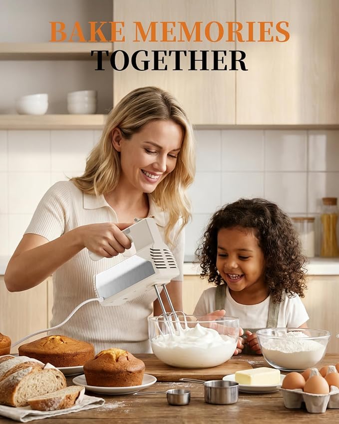 Hand Mixer Electric Handheld, 5-Speed 200W Portable Mixer Beige | WESTCOOKAID Electric Hand Mixer with Dough Hooks, Turbo Ultra Power+Eject Button, Perfect for Cakes, Eggs and Baking, Beige