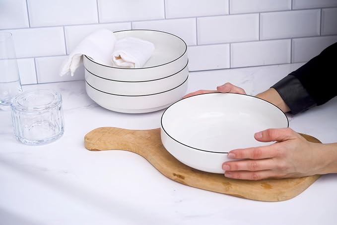 KooK Ceramic Large Pasta Bowls, Microwave and Dishwasher Safe, Great for Soups and Salads, Shallow Serving Bowls, Glossy Porcelain, 47 oz, Set of 4, French