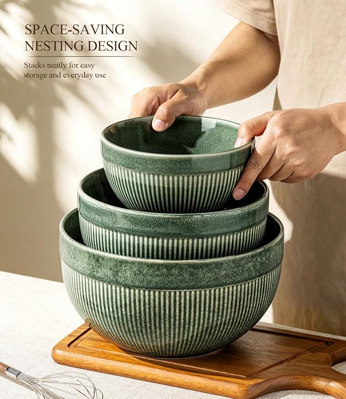 GBhome Ceramic Mixing Bowls Set of 3, Stoneware Nesting Serving Bowls, | 45/90/150 oz For Prep, Baking, Serving, Gift, Microwave and Dishwasher Safe, Ribbed Dishware Collection,Dark Green