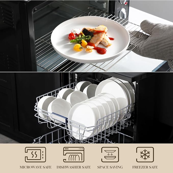MALACASA 18 Pcs Porcelain Plates and Bowls Sets,Dinnerware Set for 6,White | Modern Ceramic Dishware,Kitchen Dining Ware,Microwave and Dishwasher Safe,Simple Solid White Design,Series LUNA