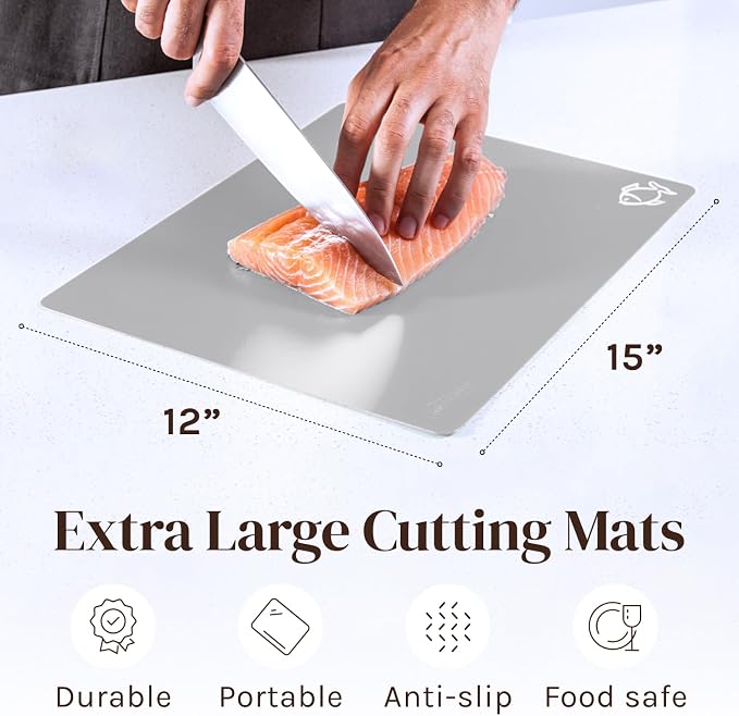 Cooler Kitchen Extra Thick Flexible Cutting Mat Set With Food Icons & EZ-Grip Back (Set Of 4 Mats) - Flexible Cutting Boards for Kitchen - Flexible Plastic Cutting Board Set (Black and White)…