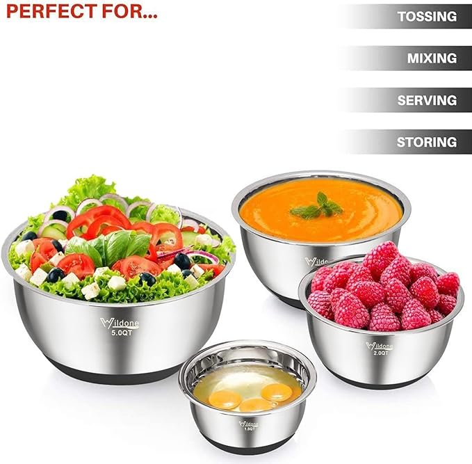Wildone Mixing Bowls with Lids Set, Stainless Steel Mixing Bowls Set of 5 | Large Prep Metal Bowl Set with Non-slip Bottoms, Size 8, 5, 3, 2, 1.5 QT, Airtight Lids, Thicker Stainless Steel
