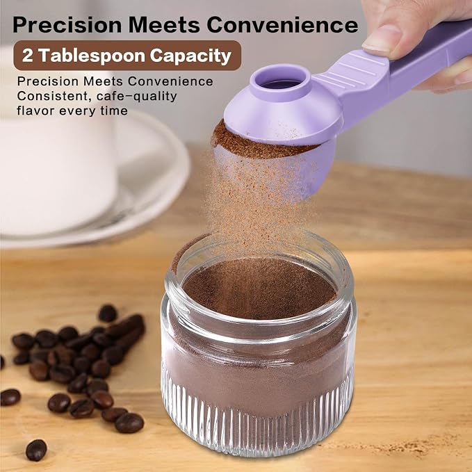 2-in-1 Coffee Scoop with Funnel, 2 Tbsp Measuring Spoon for Reusable K Cups, Ground Coffee, Protein Powder & Tea, Mess-Free Plastic Design（Light Purple-2pack）