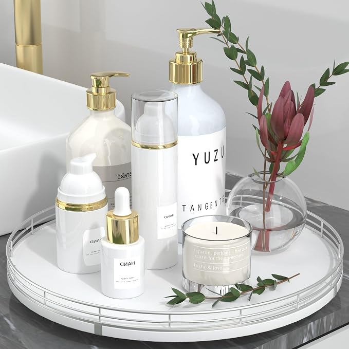 Oroyutor 13-Inch Oak Lazy Susan Vanity Tray with Silver Metal Rail | Rotating oak tray organizes spices, toiletries and decor on kitchen counters, bathroom vanities, dining and coffee tables.