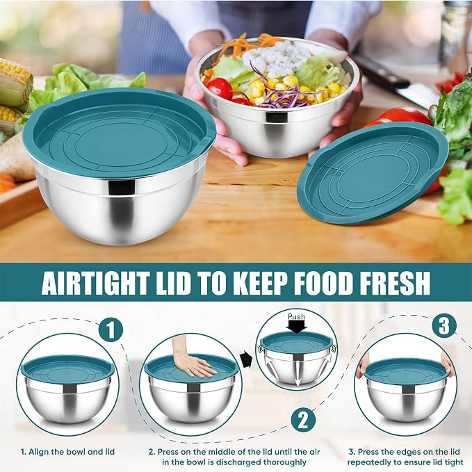 P&P CHEF Stainless Steel Mixing Bowls with Lids, Set of 3, Blue | Nesting Salad Bowl, Sturdy& Rust Proof, Airtight & Stackable, Suit for Mixing, Storing, Prepping, 3 Size - 4.6/3 /1.5 QT
