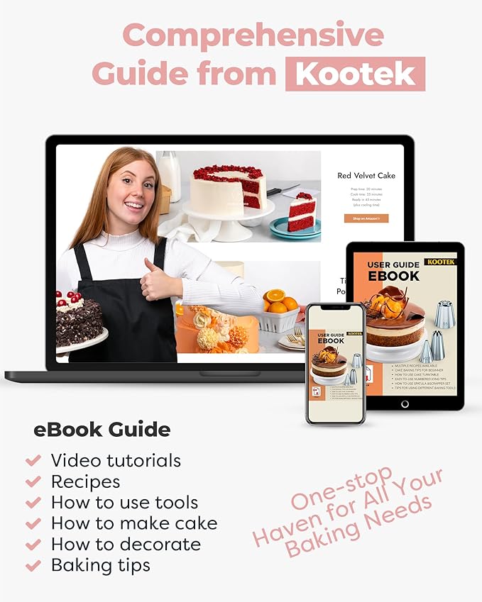 Kootek 71 Cake Decorating Kit Baking Supplies Tools for Beginners & Pros | Cake Stand Turntable, Icing Piping Tips, Disposable Reusable Pastry Bag, Spatulas, Video Tutorial, Pattern Chart