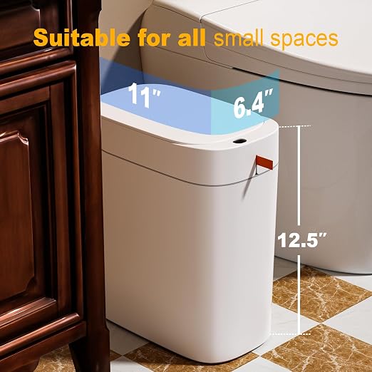MOPUP Bathroom Trash Can, Automatic Bagging Garbage Can, 3.5 Gallon Slim Smart Small Plastic Trash Bin, Narrow Motion Sensor Trash Can for Bedroom, Office White