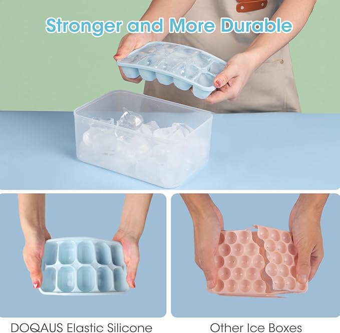 DOQAUS Ice Cube Tray with Lid and Bin,4 Pack Ice Cube Trays for Freezer | Silicone, Stackable. Easy Release Trays with Storage Bin & Scoop. Ideal for Freezer, Kitchen, RV, Cocktail, Coffee.
