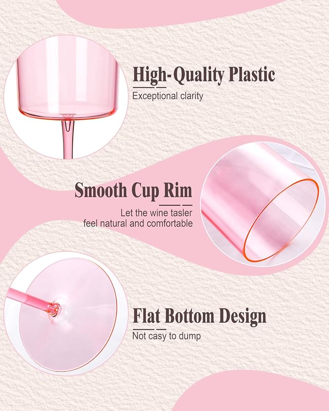 Ciaell 12 Pack Pink Plastic Wine Glasses for Weddings Outdoor Gatherings | 10 oz Pink Stemmed Cups, Heavy Duty Plastic, Wine Champagne Cocktails Mimosas for Parties Birthdays Bars