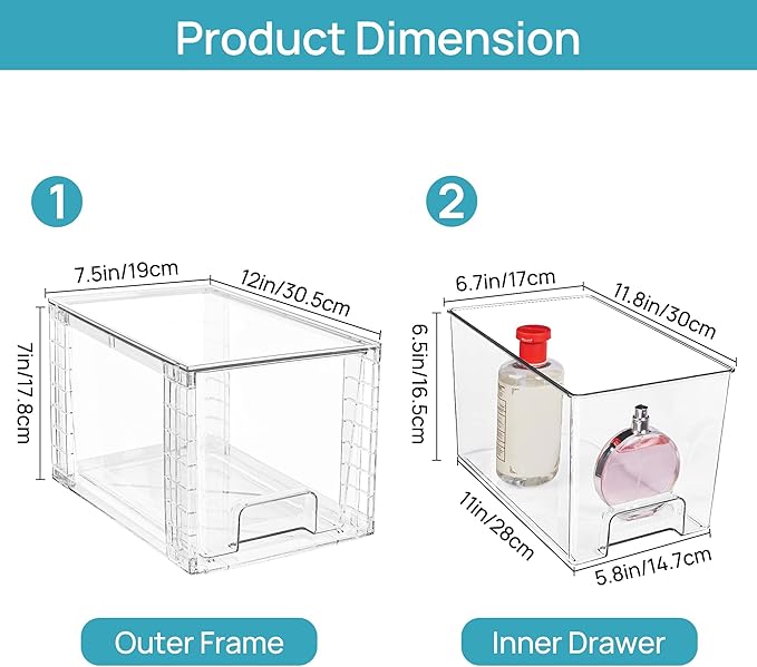 Vtopmart 2 Pack Large Stackable Storage Drawers, Clear | Easily Assemble Acrylic, Bathroom Closet Undersink Organizers, Plastic Bins for Kitchen Cabinets, Pantry, Makeup, Medicine