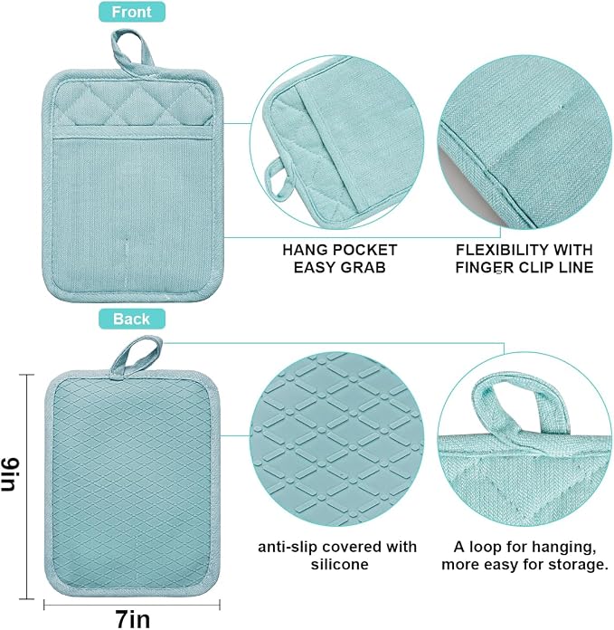 Pot Holders Yarn-Dyed Set of 3 Non Slip Silicone Kitchen Lines | Heat Resistant 500℉ Kitchen Gloves BBQ Baking Women Men Cooking Barbecue Microwave Machine Washable (L-Blue Potholder)