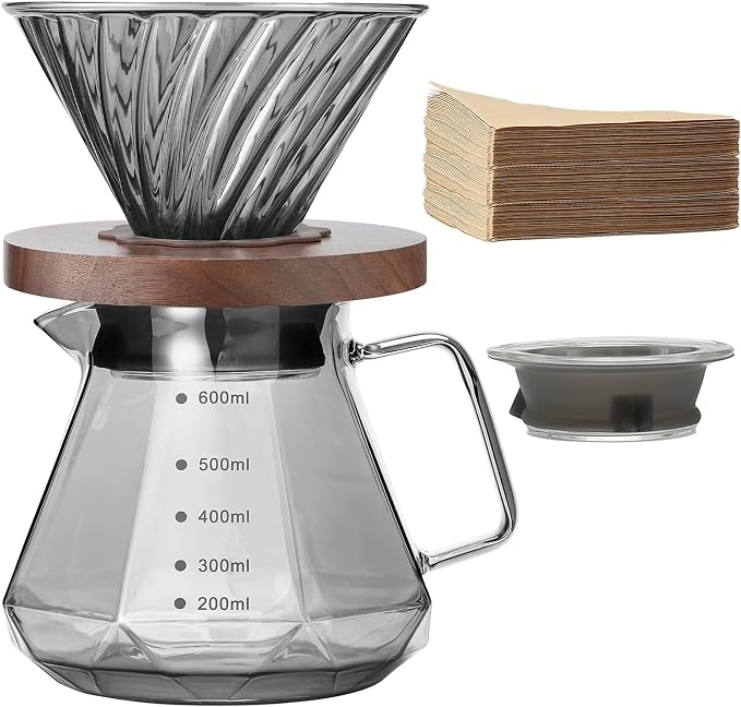 Lalord Pour Over Coffee Maker, 20 oz Borosilicate Glass Carafe with 100 pcs Paper Filter, Walnut Handle & Glass Lid, Drip Coffee Maker for Home Café Restaurant Camping, 600 ml, Gray