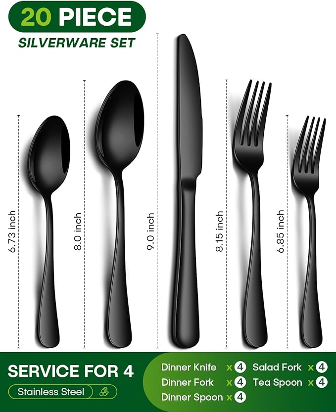 PHILIPALA 20 Piece Black Silverware Set, Stainless Steel Flatware Set for 4 Food Grade Cutlery Utensil Set Include Knife Fork Spoon Mirror Polished Dishwasher Safe