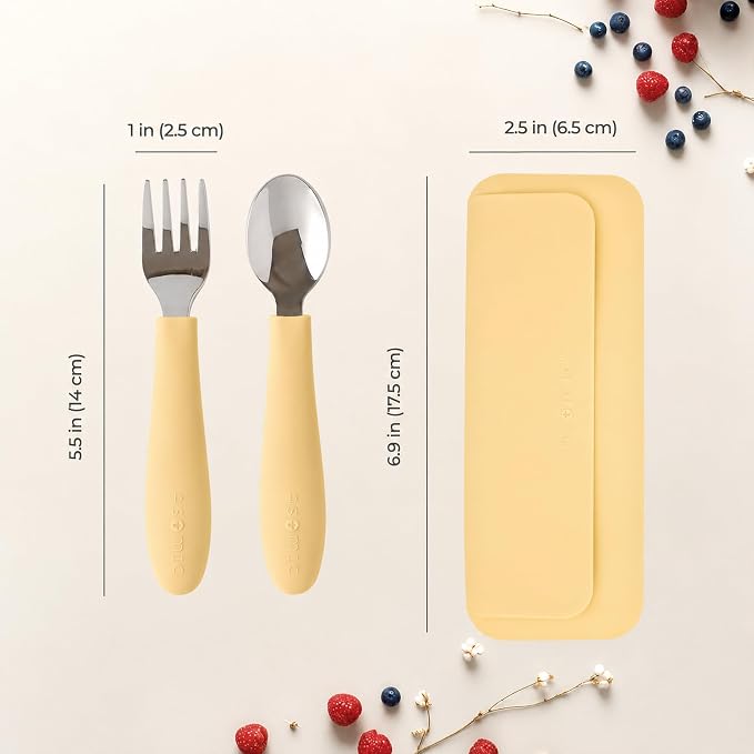 ASOMIC 316 Stainless Steel Toddler Utensils with Travel Case, Yellow | 316 stainless steel fork and spoon with BPA-free silicone handles and travel case; dishwasher safe.
