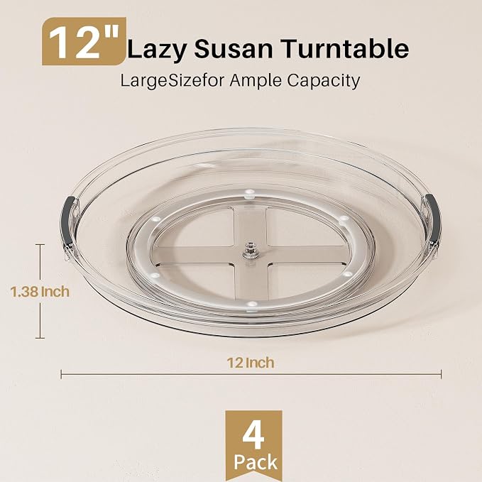LAMU 4 Pack 12'' Lazy Susan Organizer Turntable for Cabinet, Pantry Organizers and Storage, Rotating Condiment Organizer for Kitchen, Table Top, Fridge, Countertop, Spice Organization