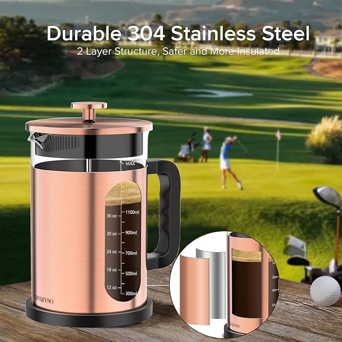 QUQIYSO French Press Coffee Maker 51oz, Stainless Steel Large French Press | Borosilicate Glass Coffee Maker,4 Filter,Coffee Press,Easy to Clean,Perfect for Party Kitchen Camping Travel Gifts(Copper)