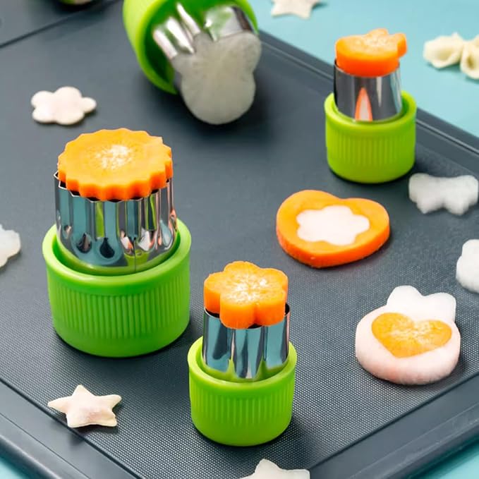 Fruit and Vegetable Cutter Stamp Set 9 Pieces - Love Heart, Star, Flower, Rabbit, Bear, Strawberry, Lace, Mushroom Shapes - Green Mini Pie Cookie Biscuit Mold for Baking | Heart, Star, Flower, Rabbit, Bear, Strawberry, Lace, Mushroom Shapes, Stainless ...