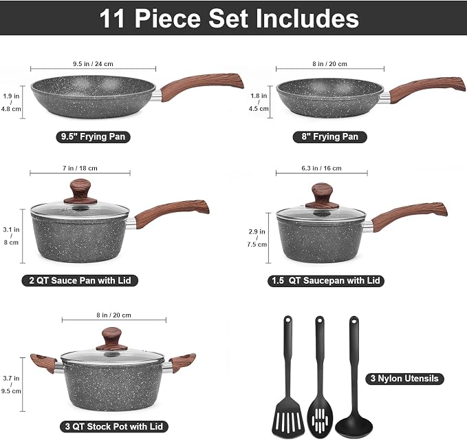 M MELENTA Pots and Pans Set Non Stick, 11-Piece Grey Granite Cookware Set | Compact Nonstick Cooking Set, Induction Cookware Set, PFOA Free, Easy Food Release, Easy to Clean