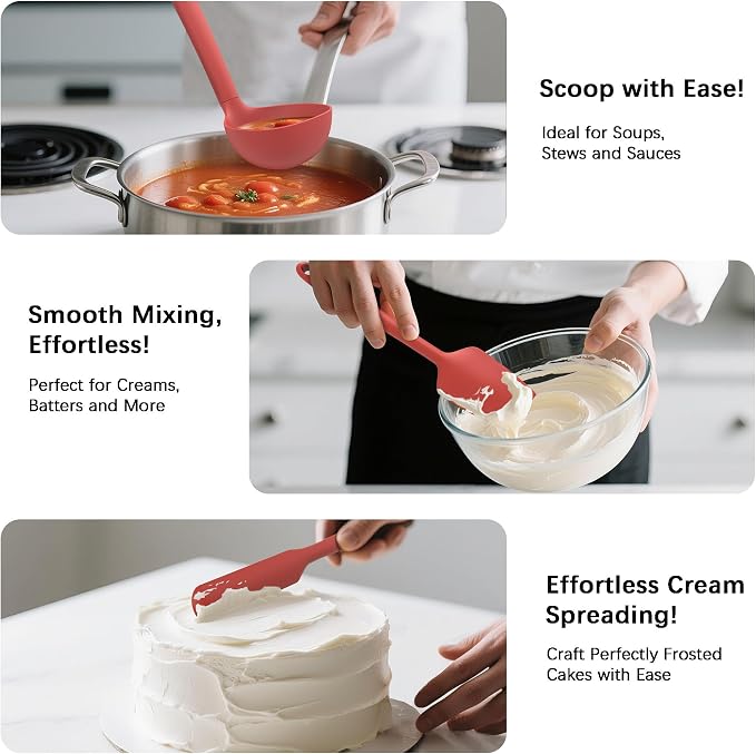 Coukre Silicone Kitchen Cooking Utensils Set, Heat Resistant, 14-Piece | Dishwasher-Safe, Food-Grade Silicone, BPA-Free, Spatulas, Spoons & Turner, Safe for Nonstick Cookware, PureRed
