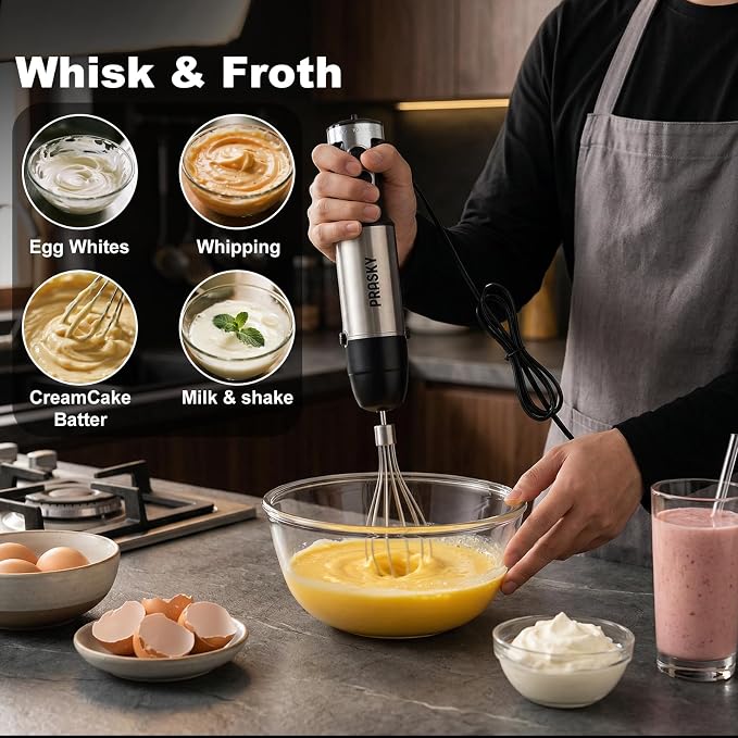 Immersion Blender Handheld 1200W, 20-speeds, 5-in-1 Handheld Mixer | Mining Beaker,Chopper,Whisk, Frother and Stick Blender Suitable for Kitchen, Protein Shakes and Baby Food - Silver